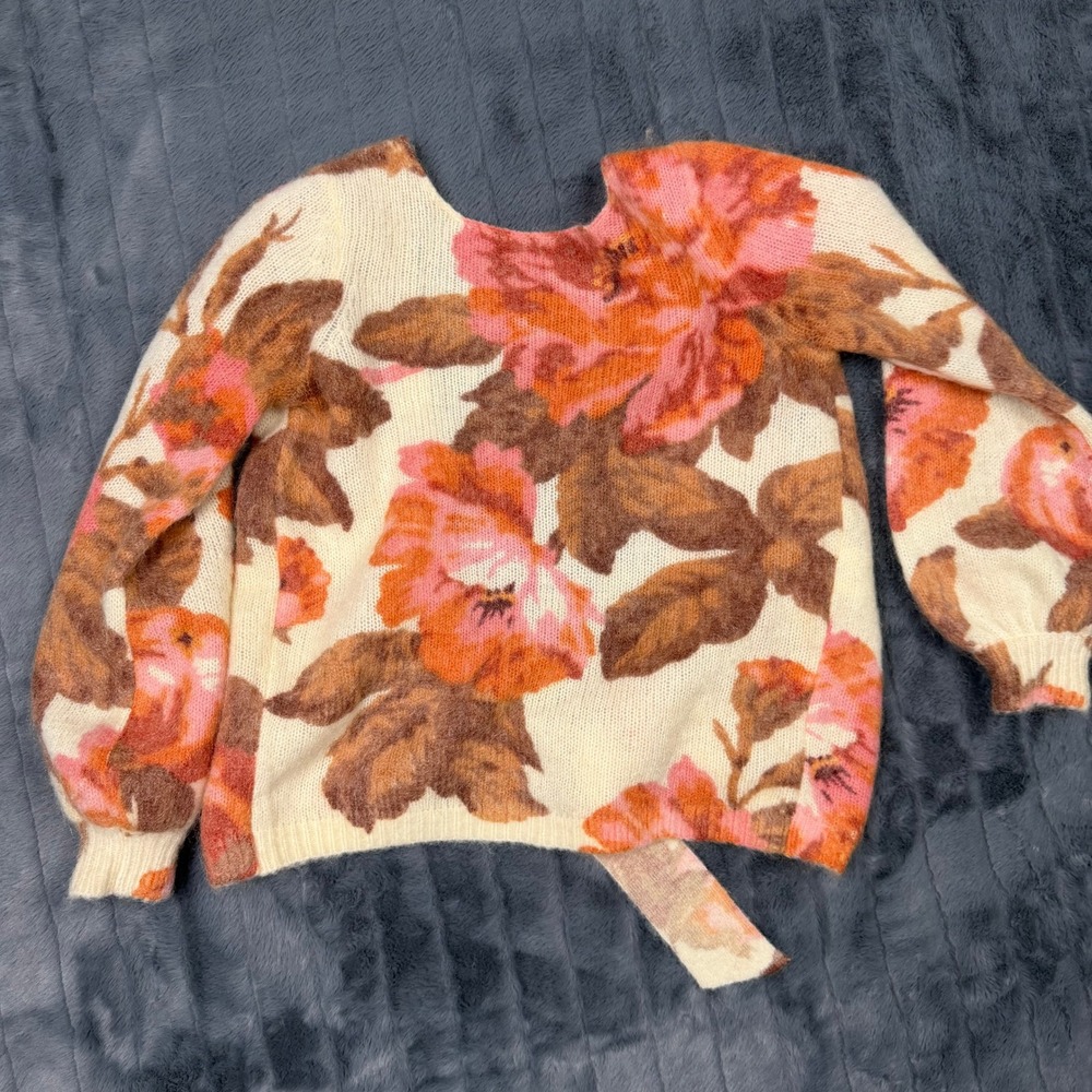 Sézane Floral Tie-Front Cardigan Women Small Cream Orange Mohair Wool Knit 8915 - Picture 3 of 8